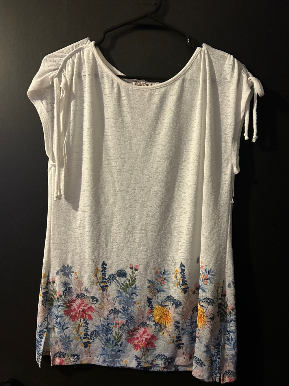 ONE WORLD White Tunic with Floral Border and Tie Shoulders